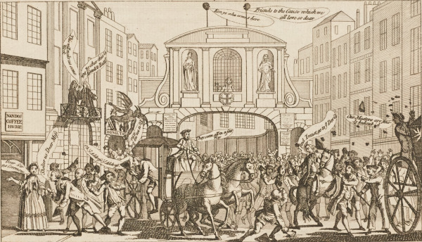 Satirical print entitled ‘The Battle of Temple Bar’, depicting events of 22 March 1769, with Nando’s Coffee House shown on the left (MT/19/ILL/F/F7/1)