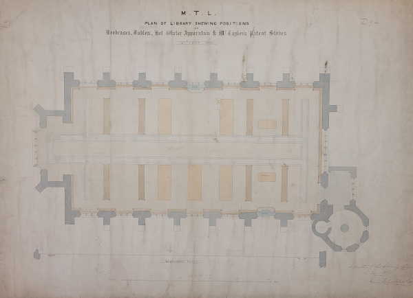 Plan of the Library including the position of bookcases, tables, hot water apparatus and stoves, 12 June 1860
