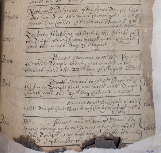 Burial records of plague victims in the Temple Church Burial Register, 1665 (MT/15/REG/1)