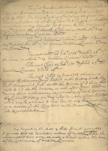 Document noting the dates of Vacation Parliaments in the Buttery Books of the Inn, c.1730 (MT/21/1/56/3/11)