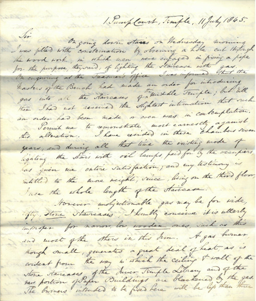 Letter of complaint from J.C. Heath of 1 PuCourt regarding the installation of gas lighting, 11 July 1845 (MT/21/XV/VI/2)