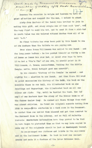Speech given by the Treasurer on the presentation of a wedding gift to Master Bruce Williamson, 21 November 1931 (MT/3/BEM/11)