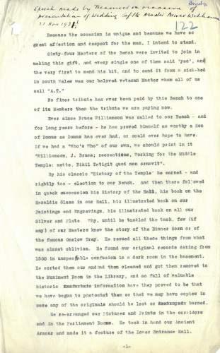 Speech given by the Treasurer on the presentation of a wedding gift to Master Bruce Williamson, 21 November 1931 (MT/3/BEM/11)