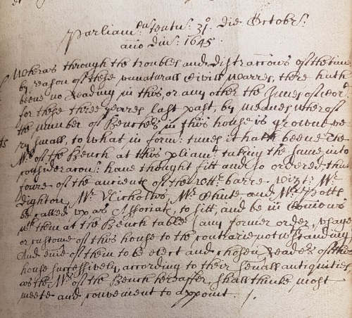 Order of Parliament that members and students be encouraged to return to the Inn, 6 February 1645/46 (MT/1/MPA/4)