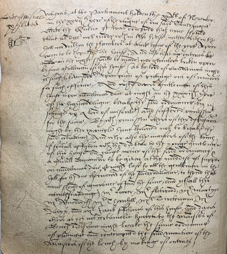 Order regarding the disciplining of Christmas revellers in the Minutes of Parliament, 5 February 1590/91 (MT/1/MPA/2)