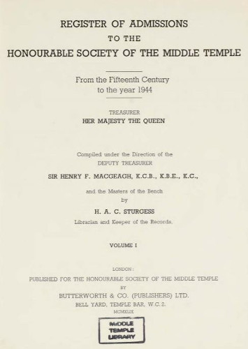 Middle Temple’s Register of Admissions by H.A.C. Sturgess, Librarian and Keeper of the Records, 1949