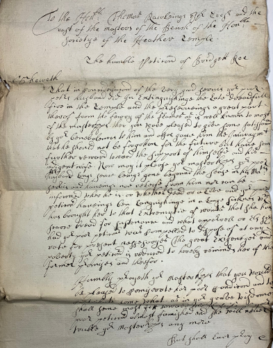 Petition of Bridgett Roe for charity from the Middle Temple, c.1668-c.1675 (MT/21/1/II/VII/10)