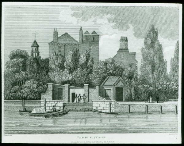 View of Temple Stairs from the Thames showing the bottom of Middle Temple Garden on the left, 1801 (MT/19/ILL/D/D8/5)