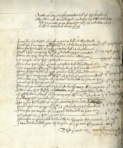 Pewterer’s bill for all the rose pewter lost during the feast of All Hallows and Candlemas and for saucers delivered to the pannierman from 14 October 1615-1618 (MT/2/TUT/10a)
