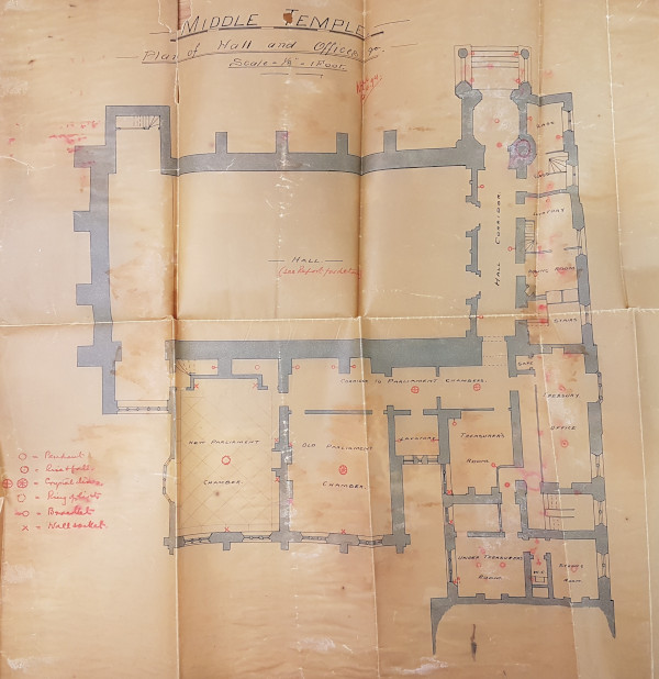 Plan of first electric light fittings in Middle Temple, 12 April 1894 (MT/6/RBW/206)