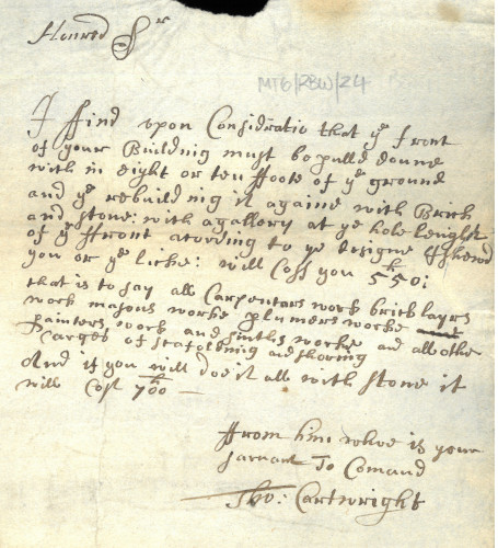 Note from Thomas Cartwright, mason and architect, offering quotations for building the Great Gate, c.1683 (MT/6/RBW/24)