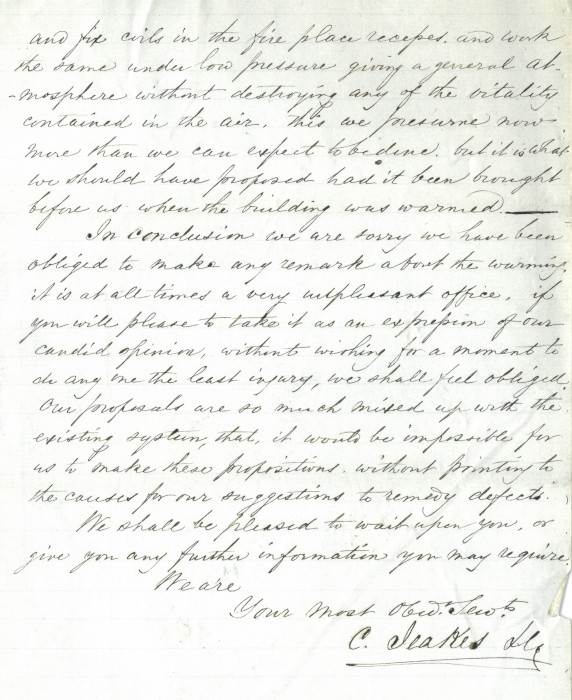 A critique of the library’s heating system by C. Jeakes Ltd. included with proposals for its improvement, 24 October 1870 (MT/9/LIB/68) 