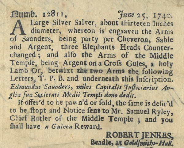 Notice of theft and offer of reward for the return of a silver Salver belonging to the Middle Temple, 25 June 1740