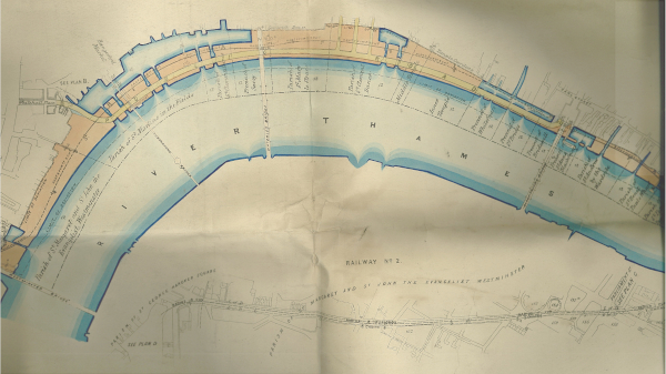 Plan of the Thames Embankment showing the property lines of the Middle Temple and the Inner Temple running into the River Thames, c.1860-c.1870