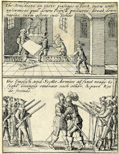 Print of soldiers destroying the ‘popish’ altar and religious symbols at York and the English and Scots armies meeting as friends, 1642 © The Trustees of the British Museum