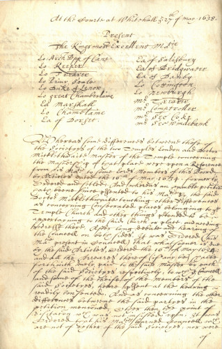 Extract order of the Lords of Council (the King being present), Whitehall, concerning the differences between the two Inns and Doctor Micklethwaite, 27 May 1638 (MT/15/TAM/75)