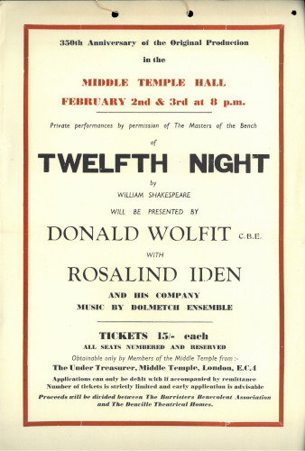 Poster advertising the 350th Anniversary performances of Twelfth Night in Middle Temple Hall, 2-3 February 1951 (MT/7/ROY/7/15)