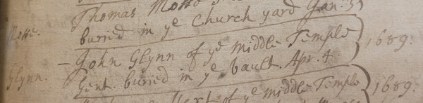 The first recorded burial in Middle Temple’s vault in Temple Church - John Glynn who was buried on 4 April 1689 (MT/15/REG/1)