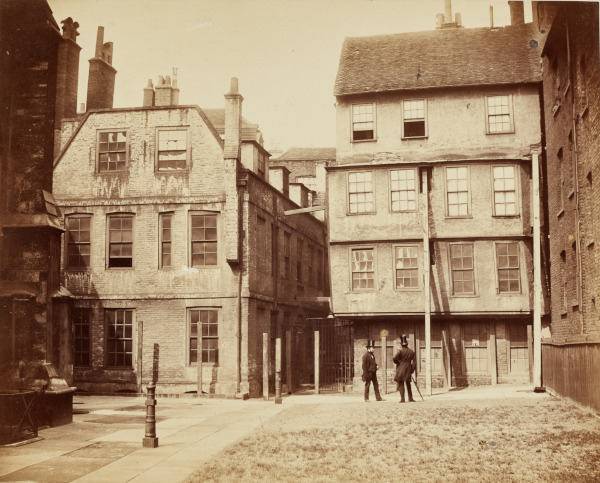 Photograph of Churchyard Court looking west showing the poor condition of the Middle Temple’s chambers, 1858 (MT/19/ILL/C/C3/39)