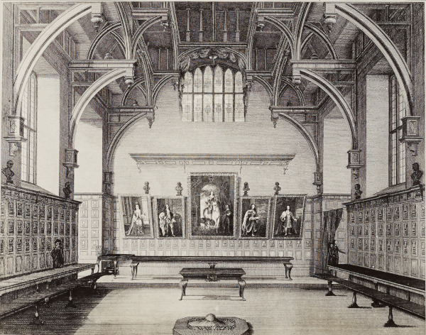 Print of Middle Temple Hall showing the large central fireplace present until the 19th century (MT/19/ILL/D/D2/11)
