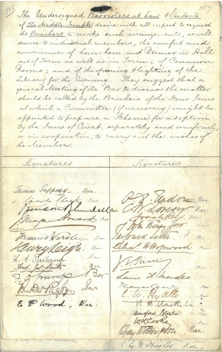 Petition from barristers and students for luncheon and dinner to be held in Hall outside of term, and for the opening and lighting of the library during the evening, 1871 (MT/1/PPA/3731a)