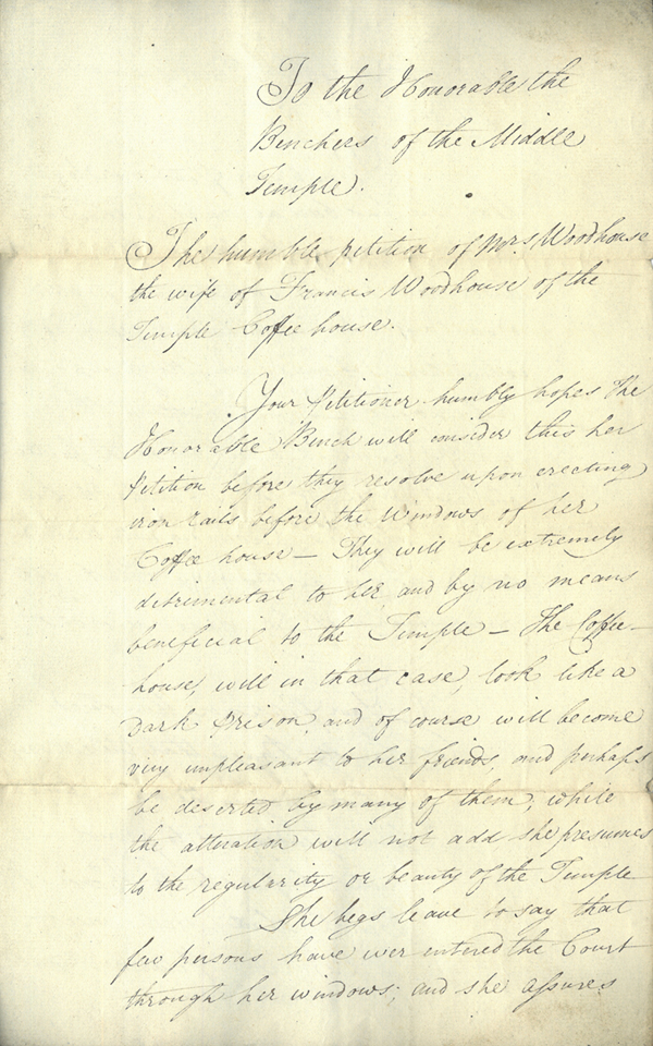Petition of Mrs Woodhouse, wife of Francis Woodhouse of the Temple Coffee House, to discourage the Society from erecting iron rails outside her shop, c.1790 (MT/21/1/2/5/17)