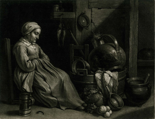 Mezzotint of a sleeping old maid sitting before a washtub full of cooking utensils, 1660-1675 © The Trustees of the British Museum