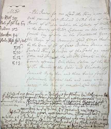 Record of the conviction of Richard Welch, labourer, for the theft of a silver Salver (MT/21/1/51/IX/1)