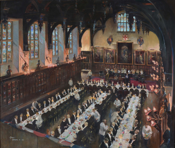 Painting by Terence Cuneo of the Joint Bench Dinner held on 20 July 1949, illuminated by electric torches and table lights