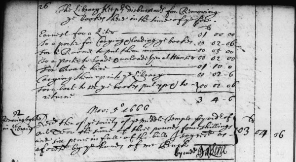 Receipt for expenses incurred moving books to Windsor during the Great Fire of London, 5 November 1666 (MT/2/TRB/24)