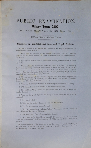  Public examination paper on Constitutional Law and Legal History, Hilary Term 1853 (MT/13/PRO/1)