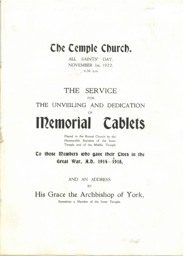 Order of Service for the unveiling of the Temple war memorial tablets, 1 November 1922 (MT/15/TAM/372)