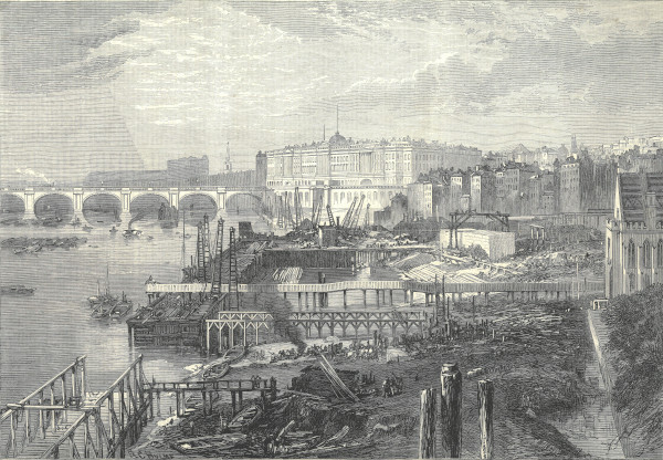 Wood engraving of the progress of the Thames Embankment works at Temple Gardens, 4 February 1865 (MT/19/ILL/D/D8/9)