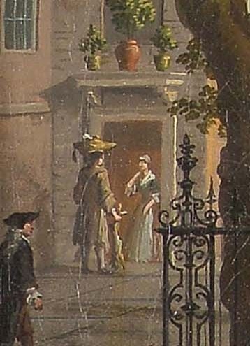 Detail of a delivery of game in Fountain Court from ‘The Fountain in the Temple’ by Joseph Nickolls, 1738