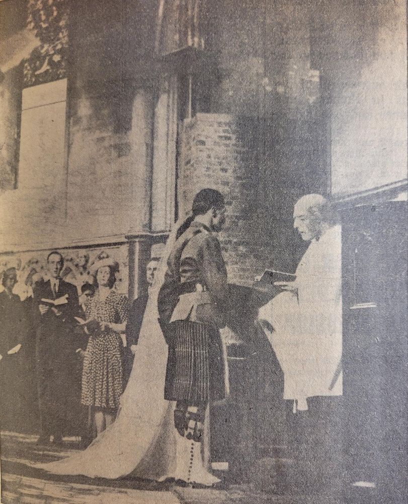 Photograph of the wedding of Miss Elizabeth Thomas to Captain Dudley Richmond-Jones in the ruins of Temple Church, from the Sunday Express, 4 June 1944 (MT/19/SCR/2)
