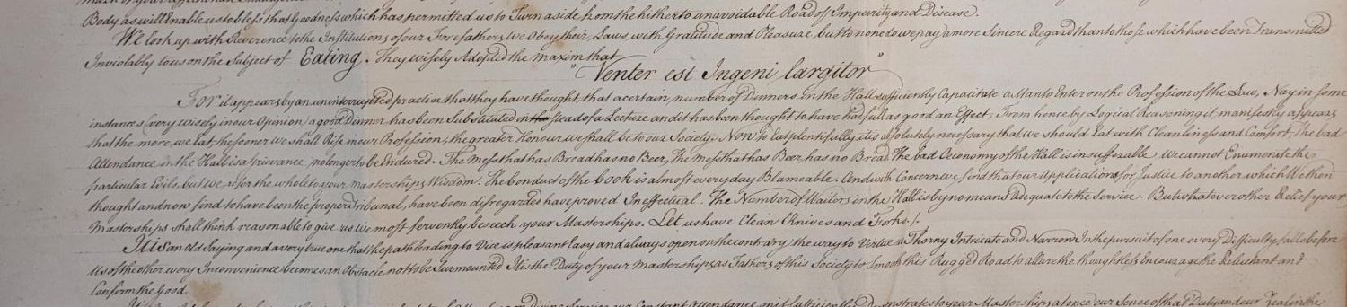 Extract from a petition of the membership to Parliament regarding the importance of good food and the poor provision of commons in Hall, eighteenth century (MT/3/MEM/55)