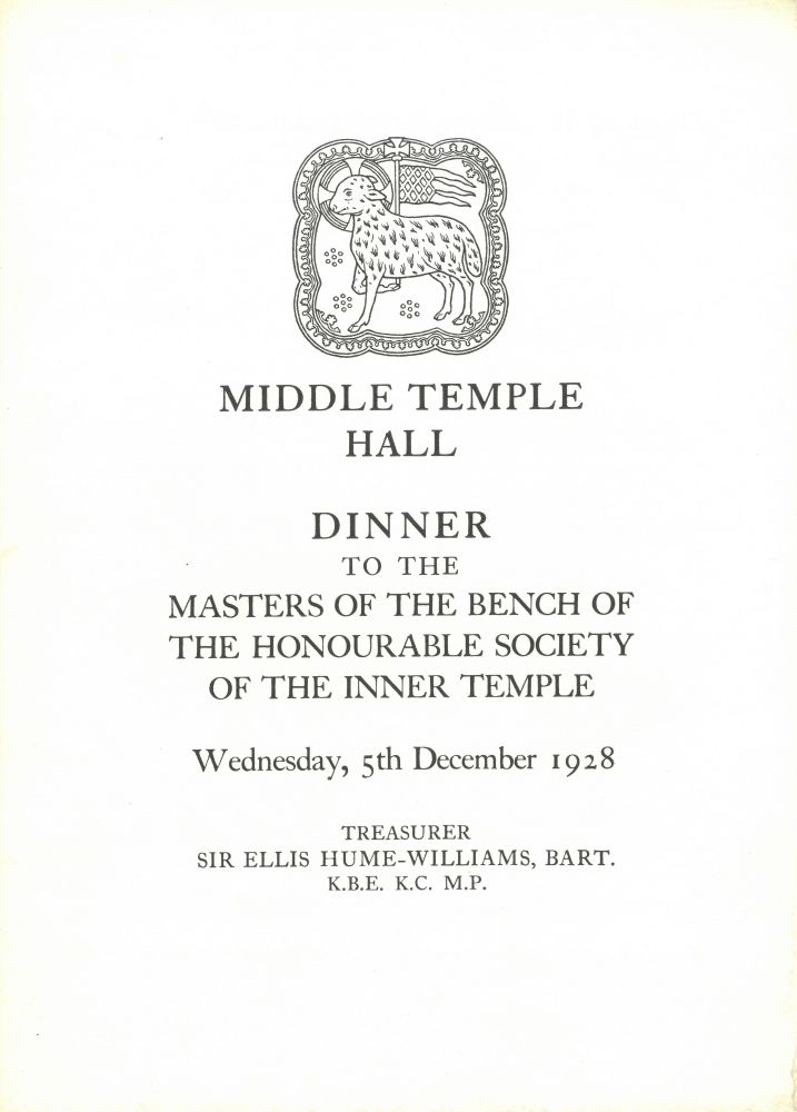 Illustrated brochure of the dinner given by the Benchers of the Middle Temple to the Benchers of the Inner Temple, 5 December 1928 (MT/7/DNR/4/4)