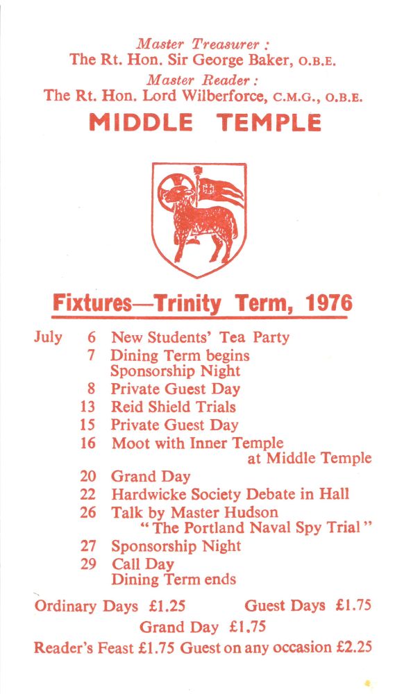  Fixture list for Trinity Term, 1976 (MT/7/DTF/2)