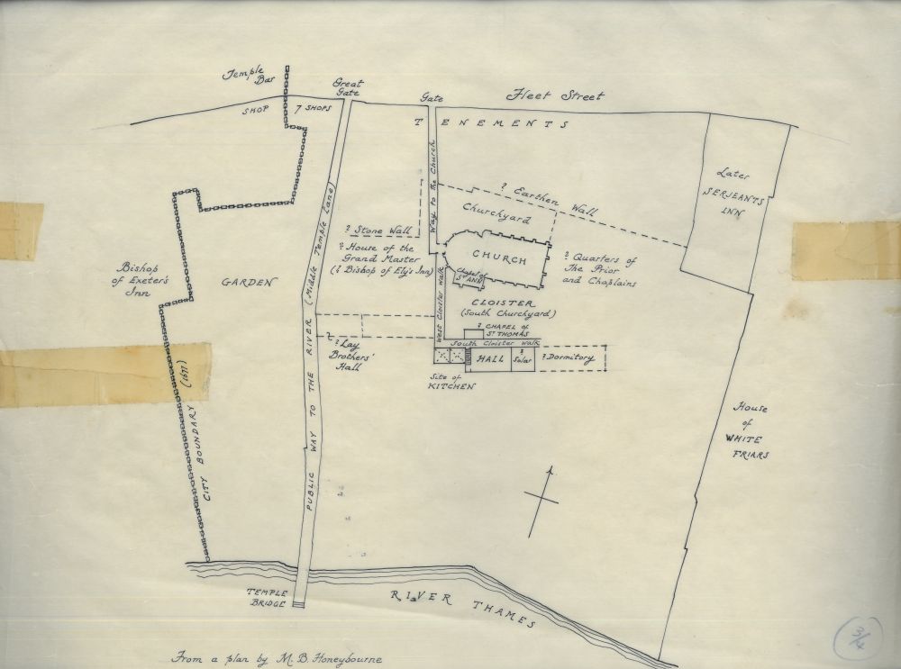 Plan of the medieval Temple precinct, showing a Hall to the south of Temple Church, and a second ‘Lay Brothers’ Hall’ on the east side of the road that became Middle Temple Lane, 1952 (MT/15/CAG/2/1)