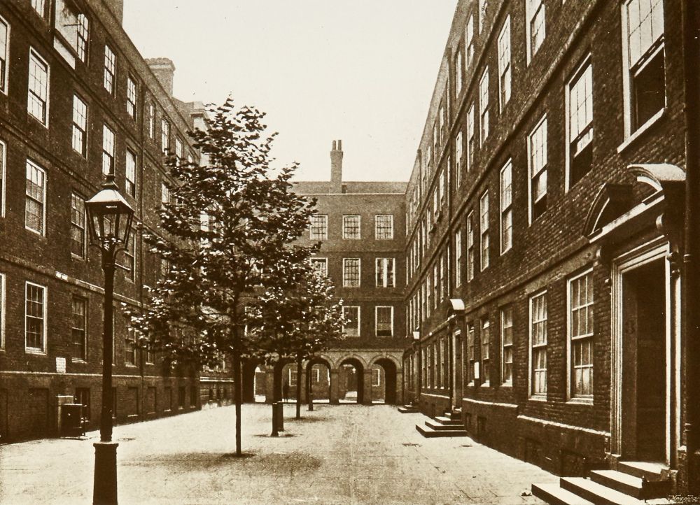 Photograph of Pump Court with the water pump visible on the left of the image, 1896 (MT/19/SLI/104)