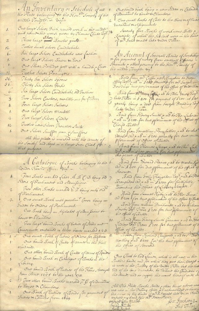 Inventory of plate, books, securities and other items held in the custody of Isaac Jackson, Under Treasurer, 16 December 1717 (MT/11/INP/1)
