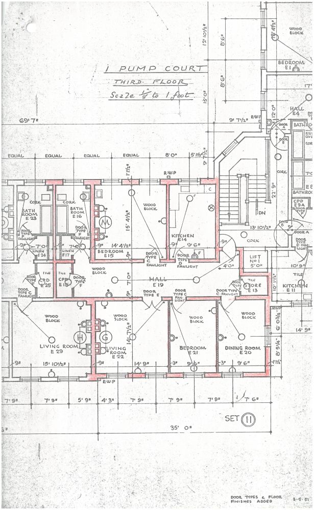 Plan of the third floor of 1 Pump Court prior to conversion, submitted with an application for change of use from residential to professional use, 13 July 1973 (MT/5/ESF/9)