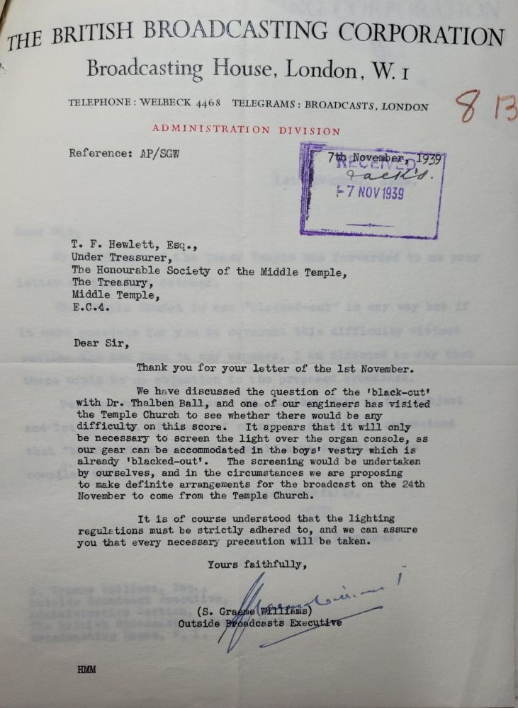 Letter from the BBC to the Under Treasurer regarding blackout regulations during a broadcast from Temple Church, 7 November 1939 (MT/15/FIL/8)