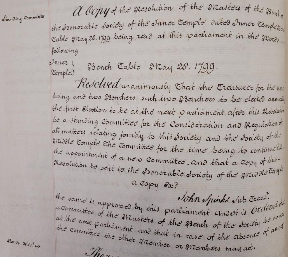 Copy resolution of the Inner Temple Benchers regarding the election of Benchers to the Standing Committee for the Consideration and Regulation of all matters relating jointly to [the Society of the Inner Temple] and the Society of the Middle Temple, 28 May 1799 (MT/1/MPA/10)