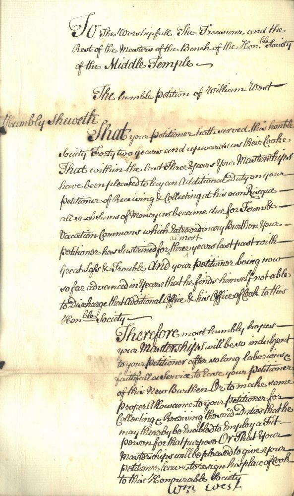 Petition of William West, cook, that he might be allowed to resign his position, 1749 (MT/21/1/1/1749/13)