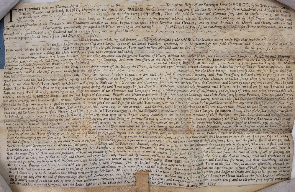 Lease for a watercourse between the New River Company and the Middle Temple, 30 September 1715 (MT/4/1/2/5/6)