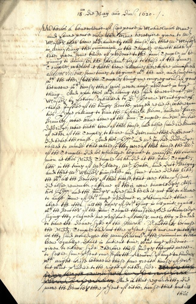 Order of Judges concerning the dispute over precedence given by the Master of the Temple to Inner Temple in receiving communion, 18 May 1620 (MT/15/TAM/43)