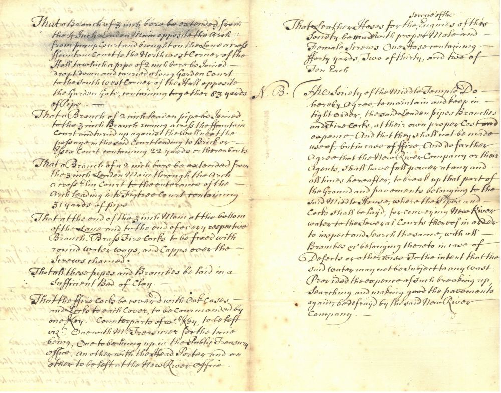 Agreement between the Middle Temple and the New River Company for the supply of water for the exclusive use of fire suppression, 31 January 1737 (MT/6/RBW/57)