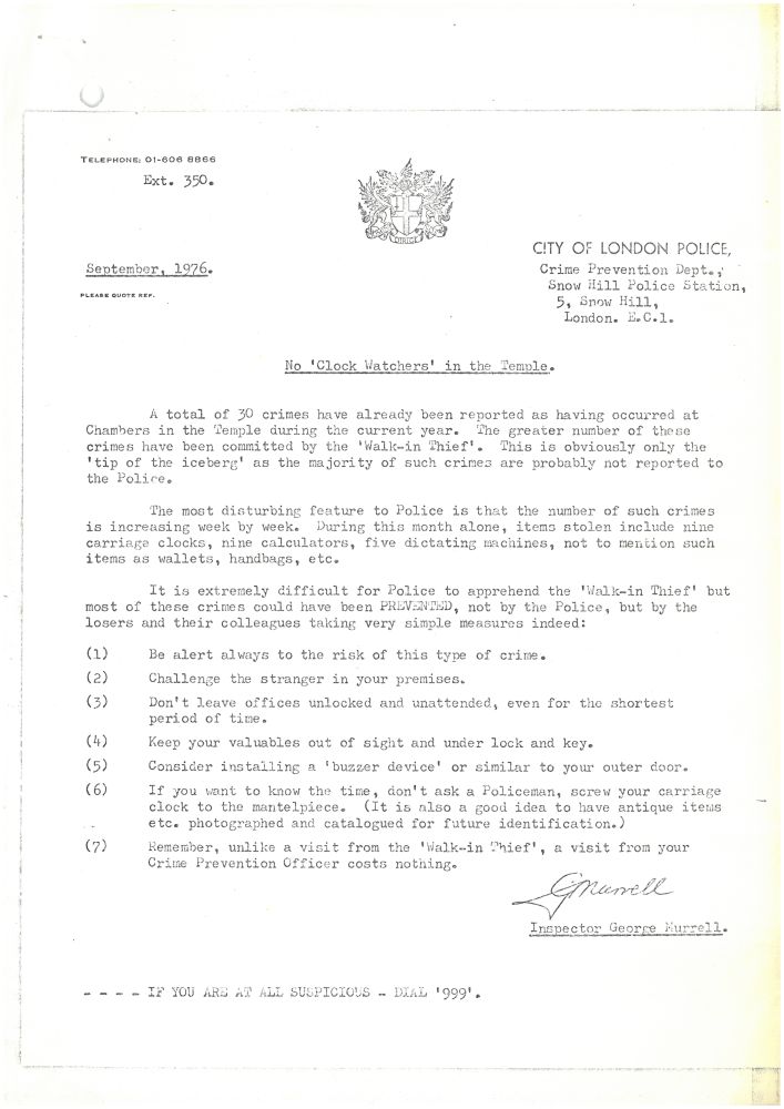 A notice from the City of London Police regarding thefts in the Temple, September 1976 (MT/5/ESY/3)