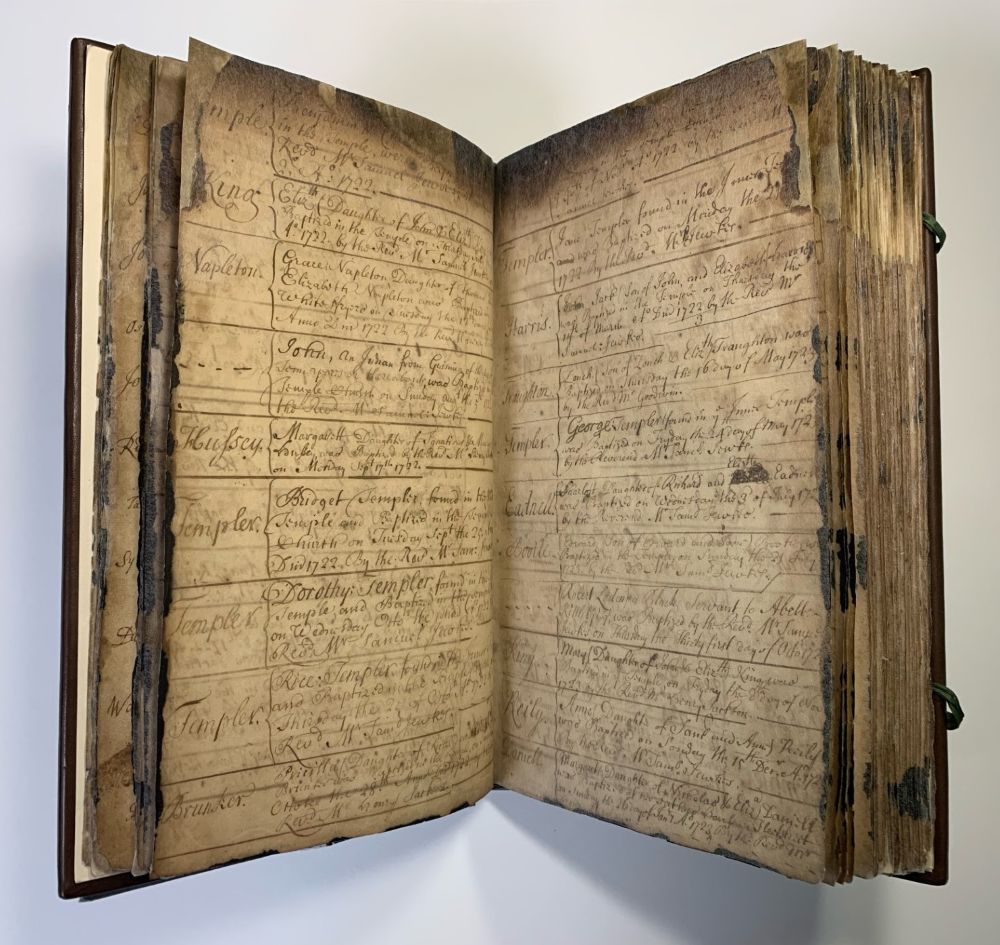 Fire scorched pages of one of the Temple Church Registers, 1628-1704 (MT/15/REG/2)